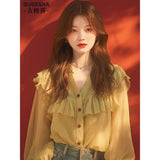 Yellow Lotus-Leaf-Side V-Neck Shirt Women's Autumn Pop Chic Niche Design Top Elegant Chiffon Shirt
