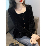 Fat Mm Autumn Blouse French Style Collar Long Sleeve Gold Velvet Shirt Female Lace Splicing Meat Cover Shirt Temperament Elegant