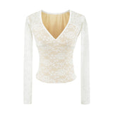 Light Familiar Wind V-Neck Hollow Lace Long-Sleeved Top Dress Showing Thin Low-Waisted Temperament Ass Short Skirt Sexy Two-Set Woman