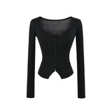 Lyselle V-Neck Button Long-Sleeved T-Shirt Girl Summer Slimming Pure Sexny Chest Bottom Top