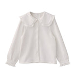 College Style Sweet Doll Collar Splicing Wooden Ear Lace Waffle Long-Sleeved Shirt Top Female Loose Type