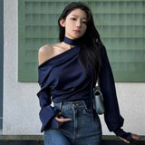 Spring And Summer Temperament Design Sense Irregular Hanging Neck-Lup Han Fraline Ribbon With Long-Sleeved Shirt T-Shirt Girlins