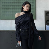 Spring And Summer Temperament Design Sense Irregular Hanging Neck-Lup Han Fraline Ribbon With Long-Sleeved Shirt T-Shirt Girlins