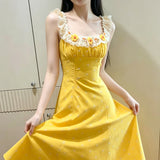 Summer Beautiful Yellow Dress Women French Country Idyllic Little Skirt Holiday Sweet Dress Sleeveless
