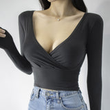 South Korea's Dongdae Gate Folded Cross Short-Sleeved Blouse Female Umbilical Pus Soft V Collar Tight-Up Chest Figure