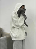 Vintage White Gray Hooded Jacket Women Spring And Autumn Oversize Thin Coat Loose Lazy Shirt Top
