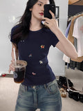 92 Cotton 8 Spandex Summer Slimming With Embroidery Short-Sleeved Girl T-Shirt Cartoon Puppy Print Design Small Blouse
