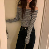 Spring And Summer New Stripe Shoulder To Show Body Temperament Blouse Showing Lean Sleeves Bottom Shirt T-Shirt Woman