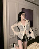 Directly Pitched Chiffon Shirt With Outer Coat Women's Spring And Autumn Cardigan Waist Repair Body Cooked Top Half Perspective