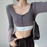 Sexy Tight Slim Short-Envesting Long-Sleeved T-Shirt Girl Single-Dbutton Label-Necked V-Necked Bottom Shirt
