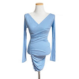 Sky Blue V-Neck Thread Cotton New Folded Waist Dress Long Sleeve Tight-Namped Thin-Bossed And Hip Skirt Short Skirt