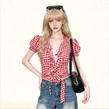 V Collar Lotus Side Plaid Short-Sleeved T-Shirt Women's Bubble Sleeve Summer Design Shirt Tug