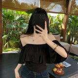 One-Word Shoulder Lotus Side Super Fairy Short-Sleeved T-Shirt Girl Summer Pure Hot Girl Sexy Shawl Shoulder Dress Beautiful