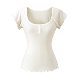 Korean Niche Design Sense U-Neck Short-Sleeved T-Shirt Women 2026 Summer New Button Lace Slime Top Tide