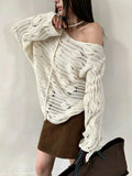 2026 Early Autumn New Oblique Open Shoulder Tie With Hollow Knitted Shirt Girl Lazy Temperament Loose Thin Sweater Hoodie