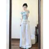 White Textured Wide-Legged Jeans Women's Autumn Thin High-Waist Loose-Fitting Taut Trousers