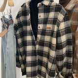 Plus Velvet Black Plaid Shirt Women Wear Hair Winter Wearing Loose Top Coat Wind Thicker