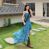 Holiday Style Retro Floral Sling Dress Women's Summer Design Irregular Dress To Collect Waist Thin A Skirt