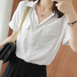 New Leisure Short-Sleeved Shirt Women's Loose Double Pocket Thin Bag Mid-Sleeve V-Neck Shirt Woman In The Summer Of 2025