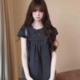 Sweet Doll Collar Plaid Bubble Sleeve Strap With Short-Sleeved Shirt Women's Summer Waist Casual Wind Thin Top