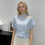 Pure Desire To Tie With Slanted Short-Sleeved T-Shirt Women's Summer Repair Body Hottie To The Waist Korean