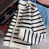 Casual Black And White Striped Small Fragrant Knitted Cardigan Women's New Autumn And Winter Wear Short Sweater Jacket