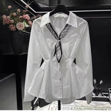 Silk Scarf With Long-Sleeved Shirt Women's Autumn New High-End Design Temperament To Reflect The Waist Thin Shirt Spring And Autumn Shirt Tide