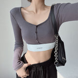 Sexy Tight Slim Short-Envesting Long-Sleeved T-Shirt Girl Single-Dbutton Label-Necked V-Necked Bottom Shirt