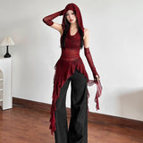 Korean New Halloween Cos Red Collar Hooded T-Shirt Girl Leaves Side Irregular With Cuffs Thin Top
