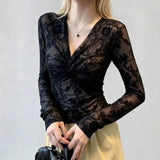 Lace Pure Want To Show Thin V-Neck Long-Sleeved T-Shirt Girl Summer Thin Slim Hottie Waist Top Sexy