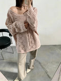 2026 Early Autumn New Oblique Open Shoulder Tie With Hollow Knitted Shirt Girl Lazy Temperament Loose Thin Sweater Hoodie