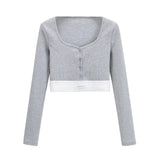 Sexy Tight Slim Short-Envesting Long-Sleeved T-Shirt Girl Single-Dbutton Label-Necked V-Necked Bottom Shirt