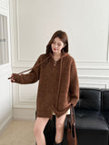 Vintage Zipper Hooded Sweater Coat Women's Autumn And Winter New Loose Lazy Slack Feeling Warm Thick Knitted Open Shirt