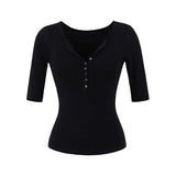 Spice Girls Design V-Neck Button Middle Sleeve T-Shirt Women Summer 2025 New Pure Desire To Repair Spice Girl Blouse