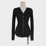 Spring New V-Neck Belt Temperament Thin Micro-Permeable Top Korean Linen Long-Sleeved Knitted T-Shirt Woman