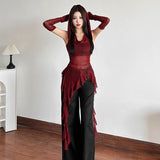 Korean New Halloween Cos Red Collar Hooded T-Shirt Girl Leaves Side Irregular With Cuffs Thin Top