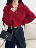 Design Sense Half-Zip Red Knitted Women's Short Model 2025 Autumn And Winter 2025 New Korean Version Loose Thick Thick Waist Sweater