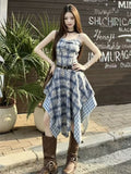 Xinjiang Yunnan Holiday Tourism Wearing Skirt Irregular Lattice Dress Women's Summer Slings Long Skirt