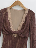 Design-Sensing Mesh Yarn Hollow Joint-In-Up Shirt Women Spring And Autumn Pure Long-Sleeved Waist Sexy Lace Jersey