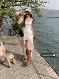 French Lace V-Necked Dress Women's Summer Vacation Irregular Dress White Beauty Mid-Rise Dress