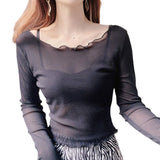 2025 New Wooden Ear-Side Short Mesh Jersey Women's Big Round Neck Thin Sling Skirt Lace Top