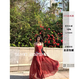 2025 New Leisure Temperament To Collect Waist Thin Spliced Red Lattice Long Sling 14 Meters Dress Dress Woman
