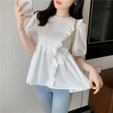 2025 New Short-Sleeved Women Design Sense Small-Age Small Shirt Bubble Sleeve Chiffon Clothes Small Fragrant
