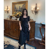 French Tie With Irregular Square Collar Dress Spring 2025 New Waist Repair Body Open Fork A Long Dress Women's Dress