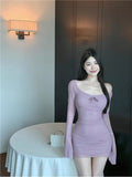 Pure Hottie Mesh Splicing Long-Sleeved Dress Women's Autumn And Winter Sexy Bareback Bow Dress With Hip Skirt