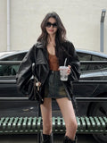 Black Retro Locomotive Collar Pu Leather Coat Female Cool Wind 2025 Spring And Autumn New Leather Jacket Top