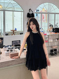 Pearl Hanging Neck Dress Dress Female Summer Light Luxury Birthday Dress Thousand Gold Temperament Two Sets Of Small Black Dress