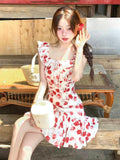 French Holiday Wind Red Small Flying Sleeves Shredded Flower Dress Women Summer Small Man To Collect Waist Thin Beach Short Skirt