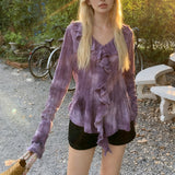 Tie Dyed Lotus Leaf Side V-Neck Long-Sleeved T-Shirt Girl Autumn Hottie Bottom Shirt Pure Desire To Put On The Top