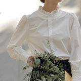 Artistic Style Wood Collar White Long-Sleeved Shirt Women 2025 Spring Retro French Top Loose Shirt Style Elegant